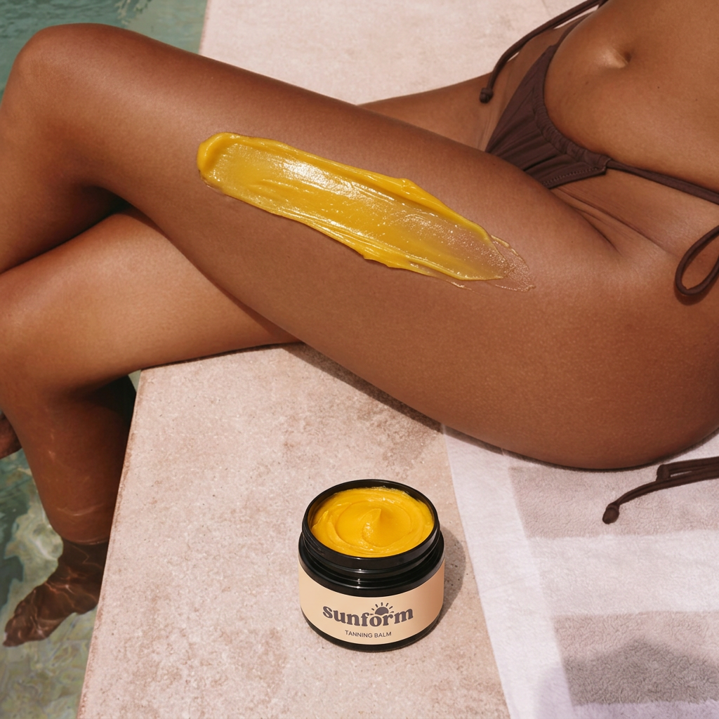 Sunform balm poolside photo with matching golden-yellow balm